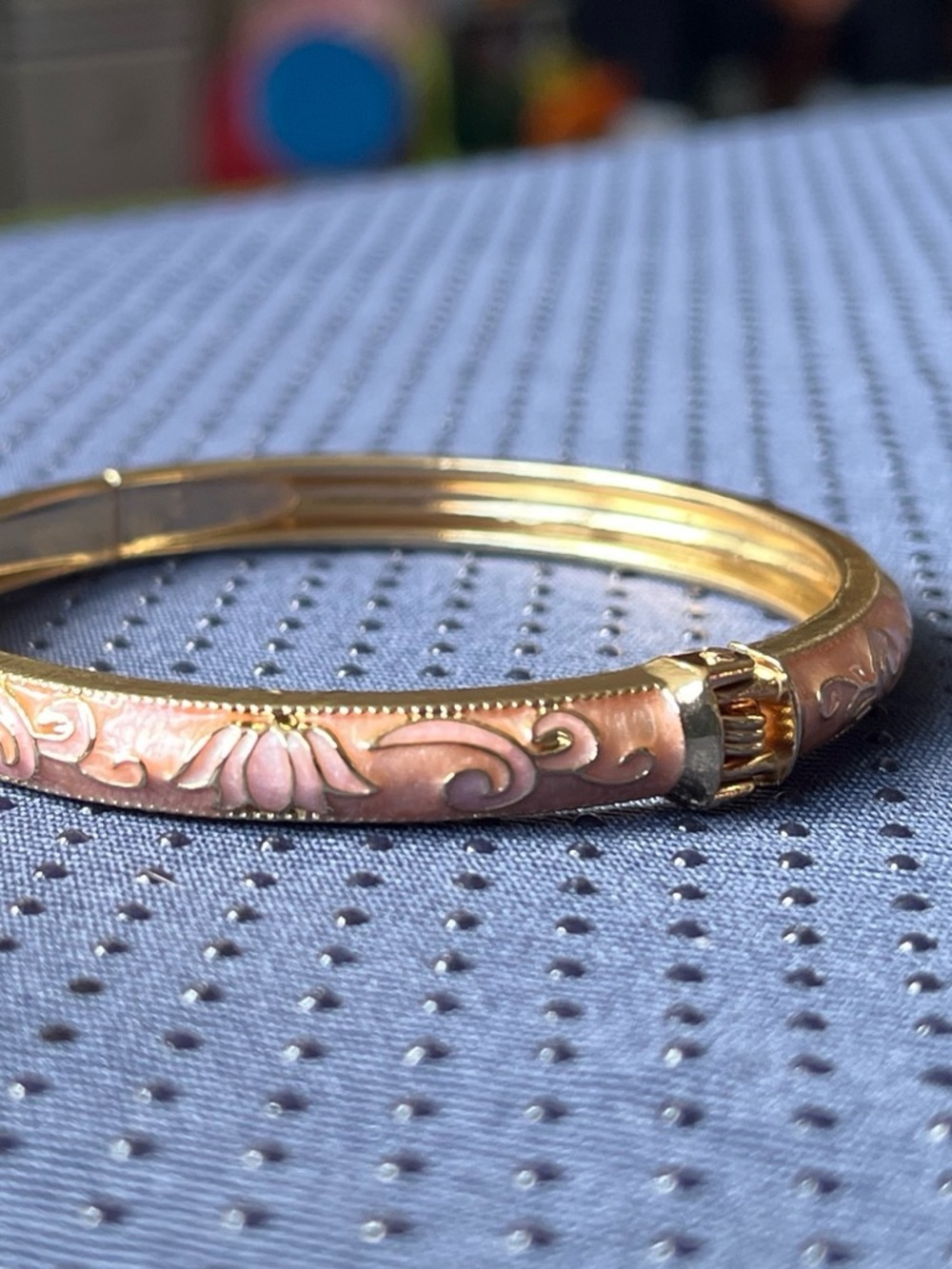 Pink Enamel Floral Gold-Tone Hinged Bangle Bracelet